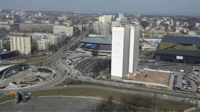 widok na halę Spodek w Katowicach z góry