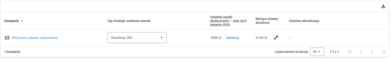 widok narzędzia Bid Target Adjustment Tool