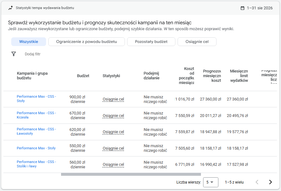 statystyki tempa wydawania budżetu w Google Ads