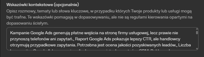 Zrzut ekranu · context hints z naszej kampanii
