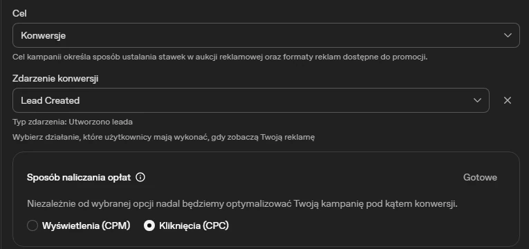 Zrzuty ekranu · cel, zdarzenie konwersji, rozliczenie i próg budżetu